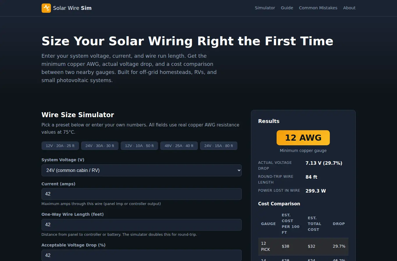 Screenshot of Off-Grid Solar Wire Size Simulator interface showing the project page in use